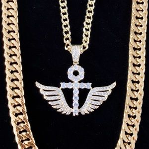 ANKH WINGS SET DIAMONDS CZ 18K GOLD CHAIN ITALY